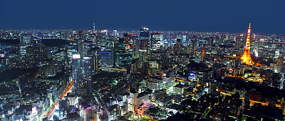 东京天际线，夜间广角全景:摩天大楼，塔楼，灯光，建筑物