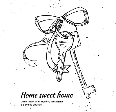 手绘矢量插图-房子钥匙。甜蜜之家。