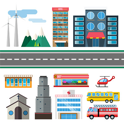 建筑和城市交通平面风格插图