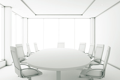完全白色的会议室和一个圆桌