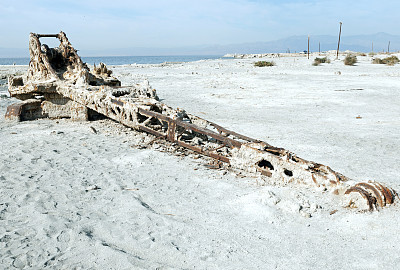 在加利福尼亚的索尔顿海，生锈的起重机被盐包裹着