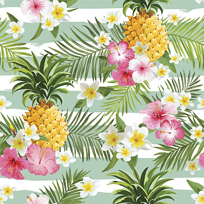 菠萝和热带花卉几何背景-无缝模式