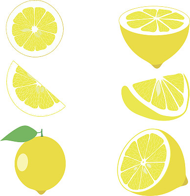 柠檬，柠檬片，一组柠檬，矢量插图
