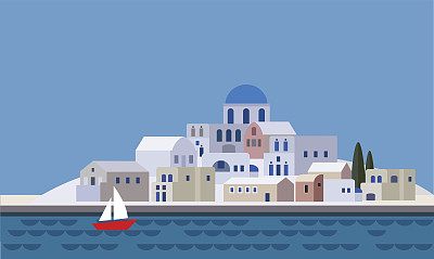 地中海风景靠海，希腊岛屿，小镇，海滩，矢量