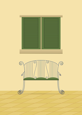 向量欧洲风格的长凳和窗户与百叶窗。