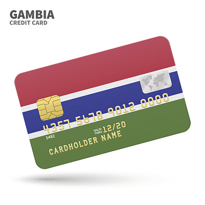 Credit card with Gambia flag background for bank, presentations and