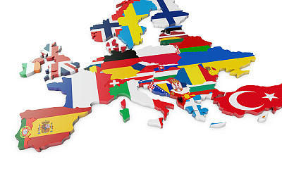 欧洲地图与国家国旗