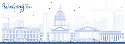 用蓝色建筑勾勒出华盛顿特区的天际线。