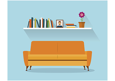 现代设计的室内橙色沙发和书架。复古的平面风格。