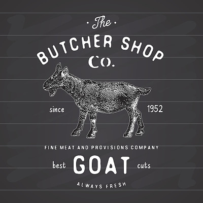 屠夫商店复古标志山羊肉制品，屠宰标签，向量
