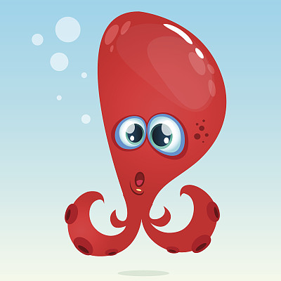 快乐矢量卡通章鱼。矢量红章鱼大吃一惊。