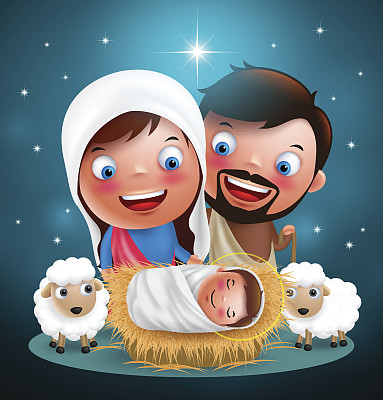 圣夜耶稣降生在马槽矢量字符为圣诞节