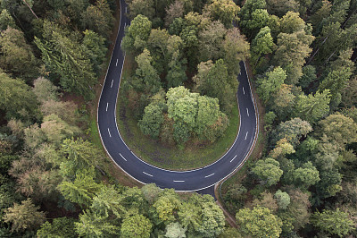 森林鸟瞰图中的道路弯道