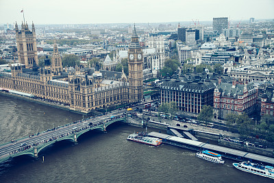 英国伦敦城市鸟瞰大本钟威斯敏斯特桥风景