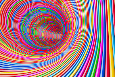 催眠迷幻多色圆环隧道。3d渲染