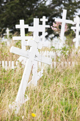 俄罗斯东正教十字架杂草丛生的墓地