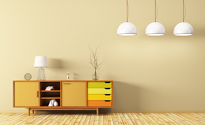 现代室内客厅与木制梳妆台3d渲染