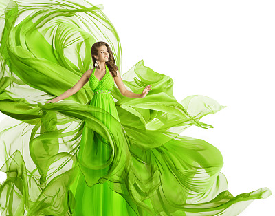 时尚女人飞行裙，绿色长袍挥舞雪纺织物，白色