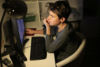 一个少年在电脑上做作业