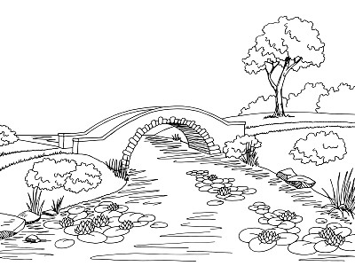 桥梁图形黑白景观素描插图矢量