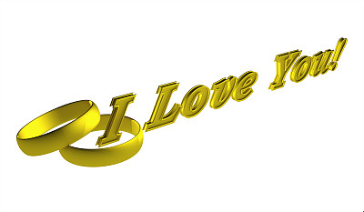 我爱你!3D渲染，金色字母，孤立在白色上。
