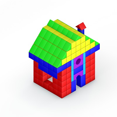 用玩具积木搭房子。3 d渲染插图。等距视图。