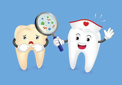 可爱的卡通牙齿形象带放大检查蛀牙问题。