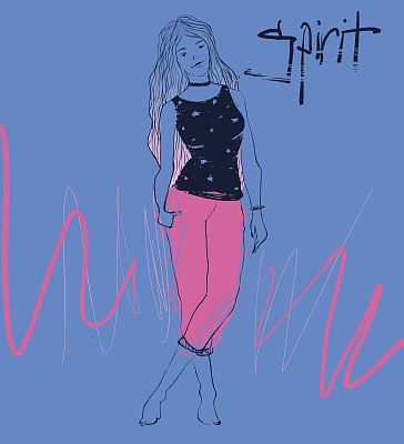 矢量手画少女与粉红色的琥珀色头发和chocker。