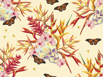 无缝夏季热带图案与头骨，蝴蝶和异国情调的花朵美丽的背景。完美的壁纸，图案填充，网页背景，表面纹理，纺织品