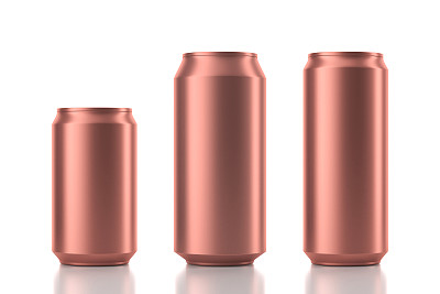 三个不同尺寸的铝罐模型铜颜色。三维渲染