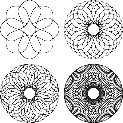 一组四个黑线螺旋线抽象元素