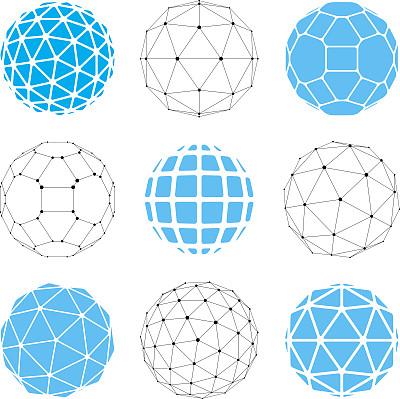 与连接的线和点，三维几何线框形状的向量低多边形球体的集合。透视三角学小平面球体创建三角形，正方形和五边形。