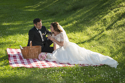 新婚夫妇在草地上野餐