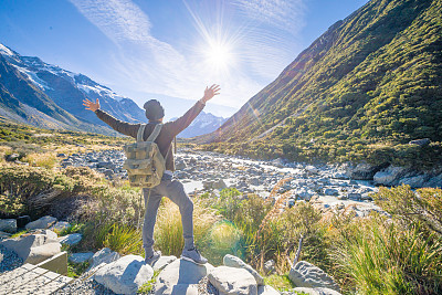 年轻的旅行者在库克山拍照