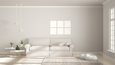 极简的房间，简单的白色生活与大窗户，斯堪的纳维亚经典的室内设计