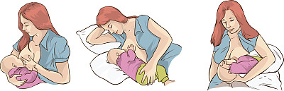 母乳喂养的姿势。以不同姿势哺乳的妇女。婴儿站着，背带，双胞胎，在枕头上，婴儿坐着，失去控制。妇女母乳喂养双胞胎。矢量插图。