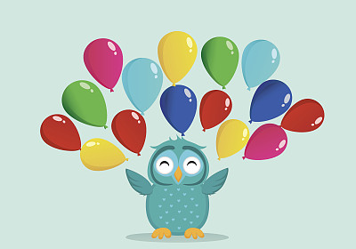 一只可爱的猫头鹰有一个快乐的微笑，并翻转许多彩色的气球。节日贺卡。的生日。为你的文本或广告留出空白。矢量插图上的蓝色背景
