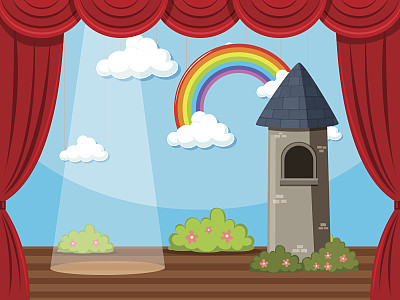 舞台背景有塔和彩虹