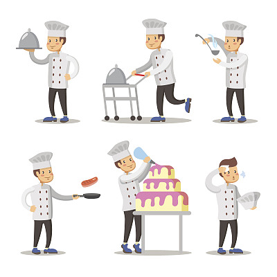 Cute Cook Cartoon Character Set. Man Cooking. Vector illustration