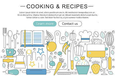 向量优雅的细线平面现代烹饪和厨房食谱的概念。网站标题横幅元素布局。演示文稿、传单和海报