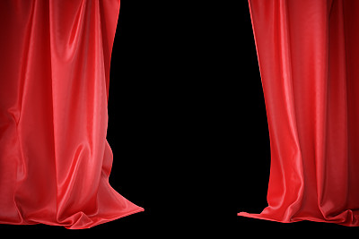 中央是剧院和电影院聚光灯下的红色丝绸窗帘。三维渲染