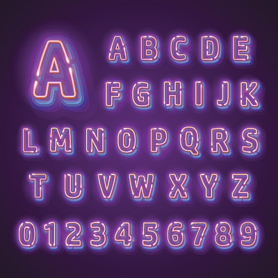 荧光霓虹字体在黑暗的背景。夜灯字母表。矢量插图。