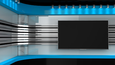 电视演播室。红色的工作室。电视节目的背景。墙上的电视。新闻工作室。任何绿色屏幕或色度键视频或照片制作的完美背景。3 d渲染。