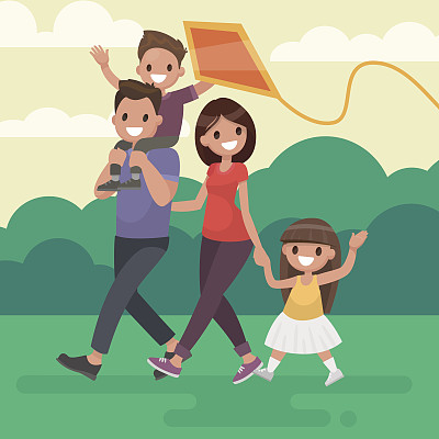 快乐的一家人在户外散步，放风筝