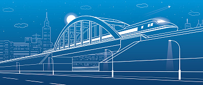 火车沿铁路桥、高速公路行驶。城市基础设施插图，现代城市背景，工业建筑，高楼大厦，飞机飞行。矢量设计艺术