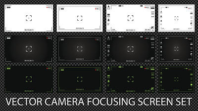 现代数码摄像机对焦屏幕设置12在一个包。黑白绿取景器摄像记录。矢量图