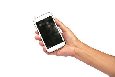女人手持智能手机孤立在白色背景