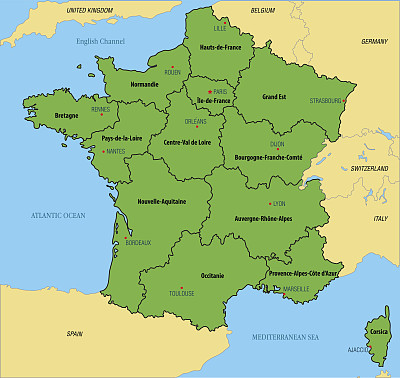法国地图上有地区和它们的首都