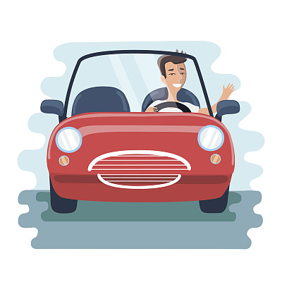 卡通可爱的年轻人开着红色的汽车在路上行驶。前视图