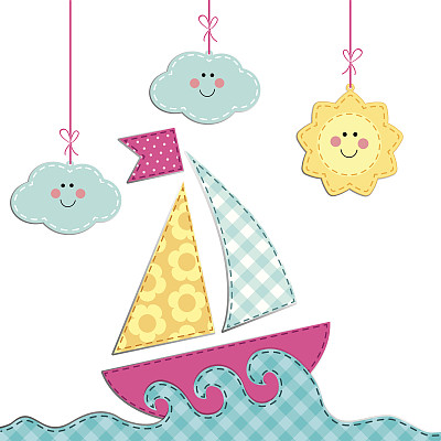 可爱的复古卡与船，海，云彩和太阳作为织物贴花